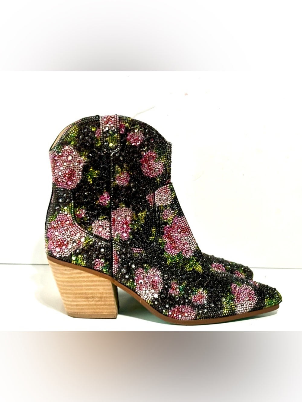 Betsey Johnson SB-DIVAF Boots Women 8.5 Black Floral Rhinestone Western Ankle - Picture 2 of 10